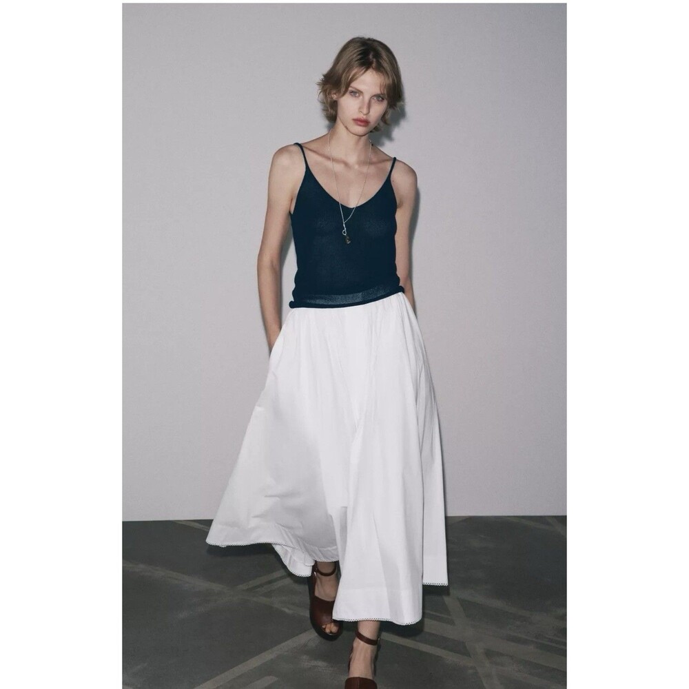 Zara 100% Cotton Poplin Midi Skirt Sz XS White - Picture 2 of 11